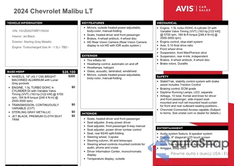 2024 Chevrolet Malibu Lt z USA, uszkodzony, nr VIN 1G1ZD5ST0RF176534